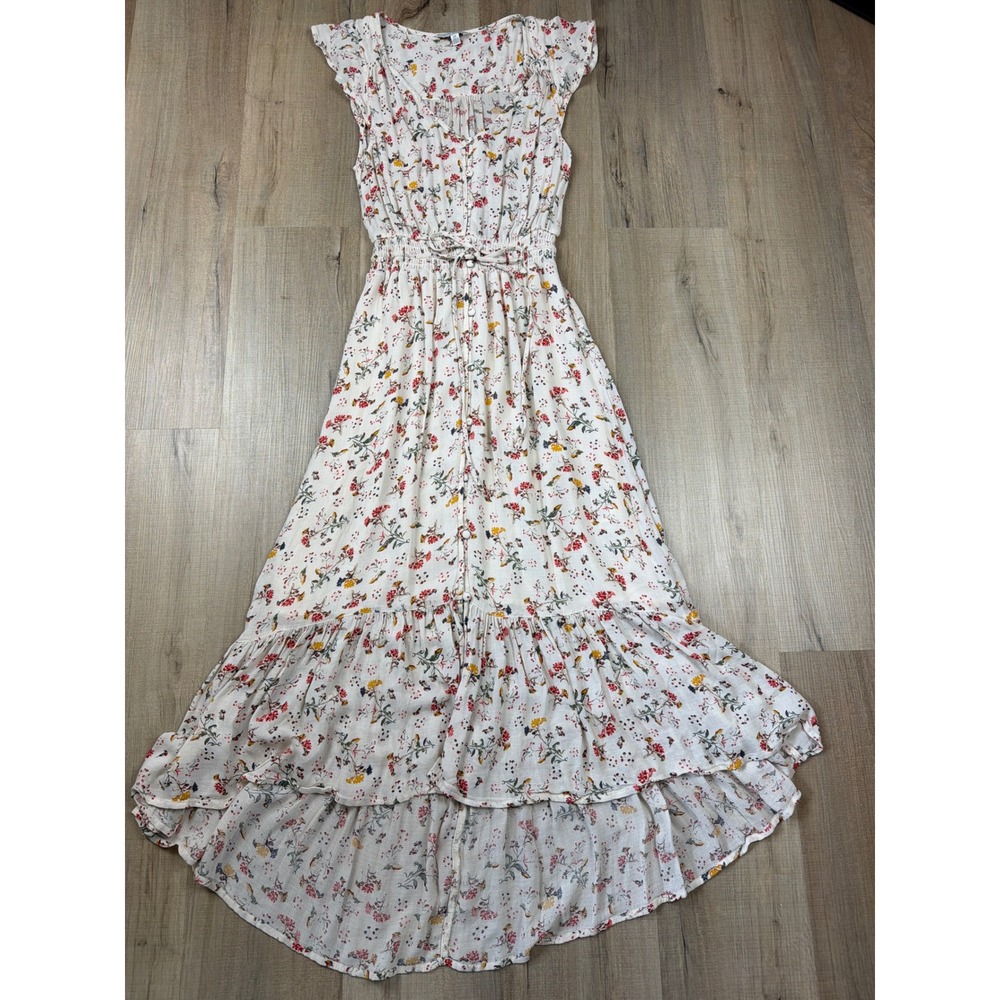 Lucky Brand‎ Floral Maxi Dress Cream Red Yellow Boho High Low Smocked Waist S